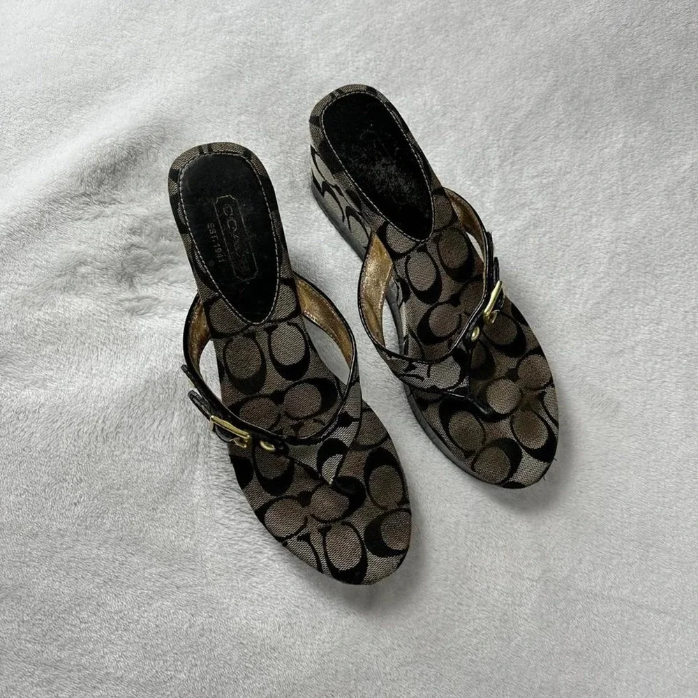 Coach Gracy black gray signature monogram canvas thong wedge sandals y2k mcbling
